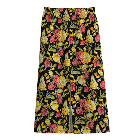 Red And Yellow Flowers Print Cotton Front Slit Maxi Skirt
