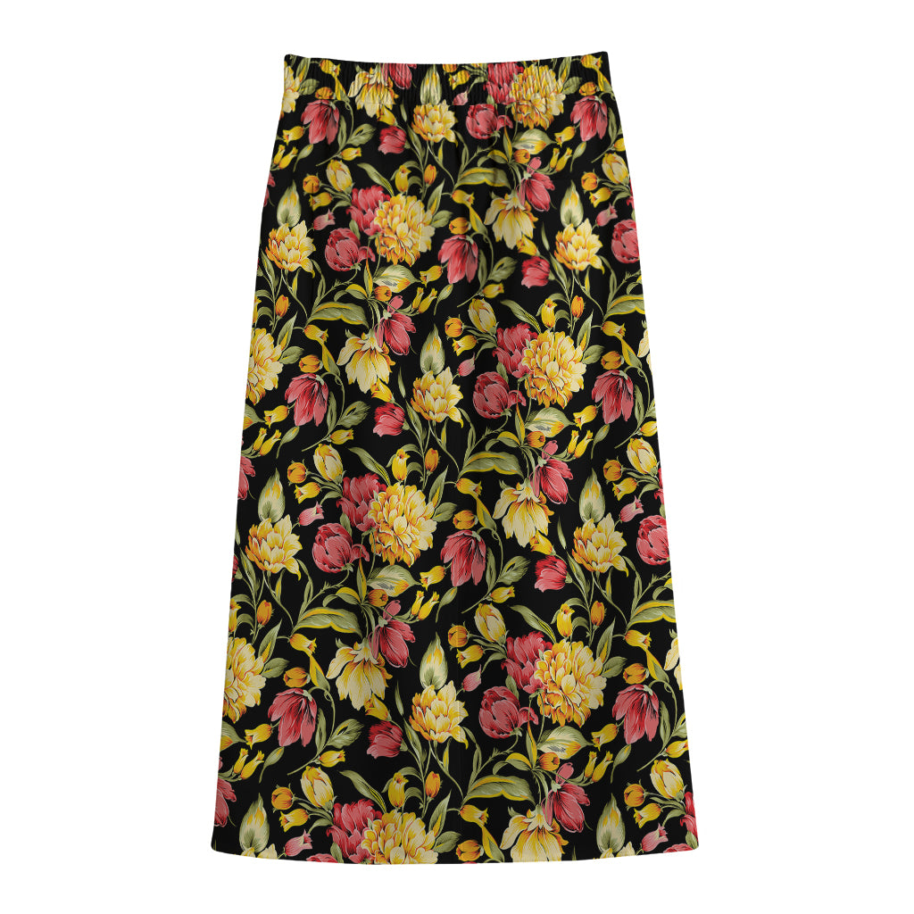 Red And Yellow Flowers Print Cotton Front Slit Maxi Skirt
