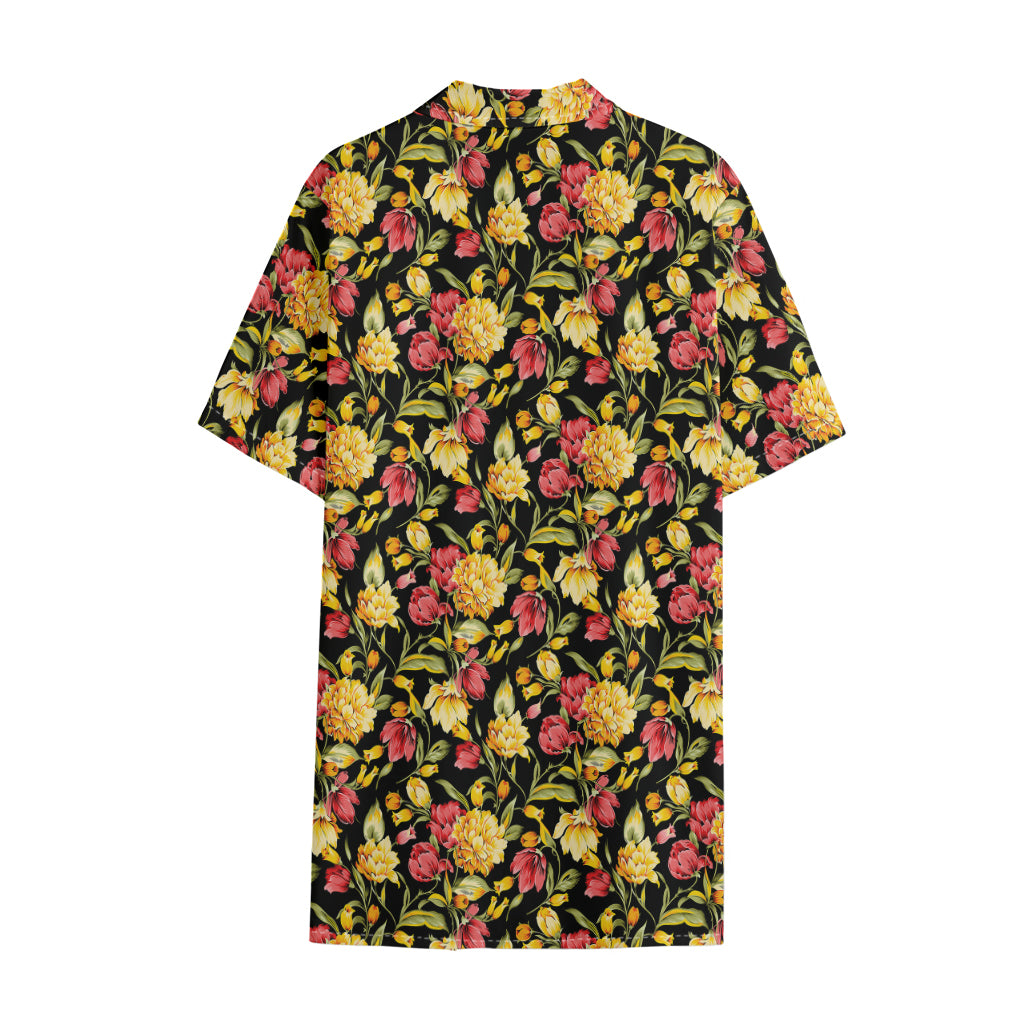 Red And Yellow Flowers Print Cotton Hawaiian Shirt