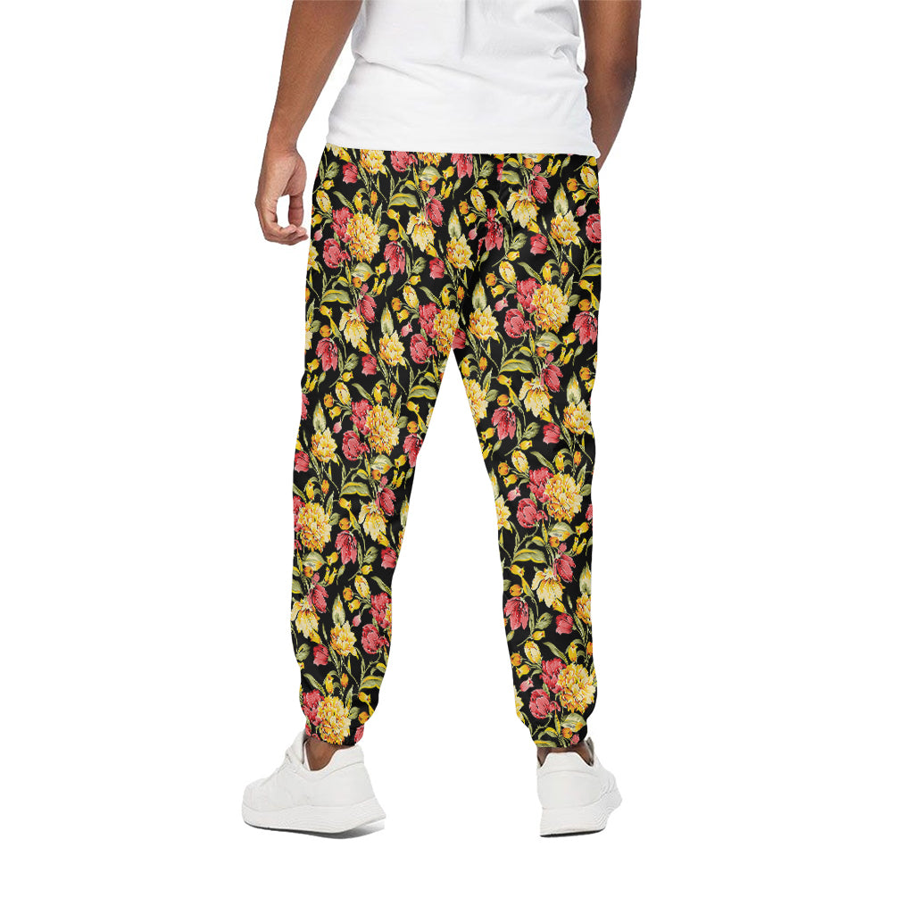 Red And Yellow Flowers Print Cotton Pants