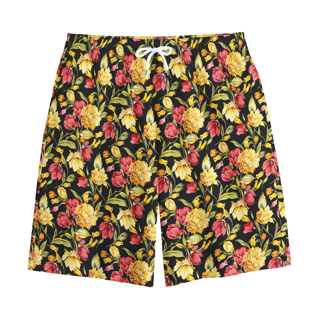 Red And Yellow Flowers Print Cotton Shorts
