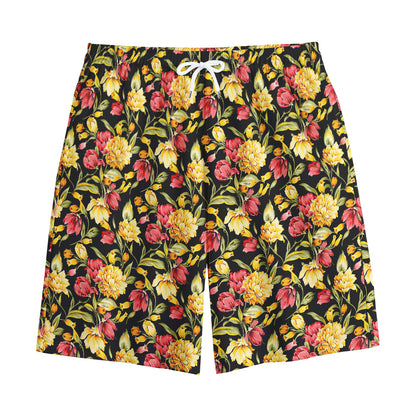 Red And Yellow Flowers Print Cotton Shorts