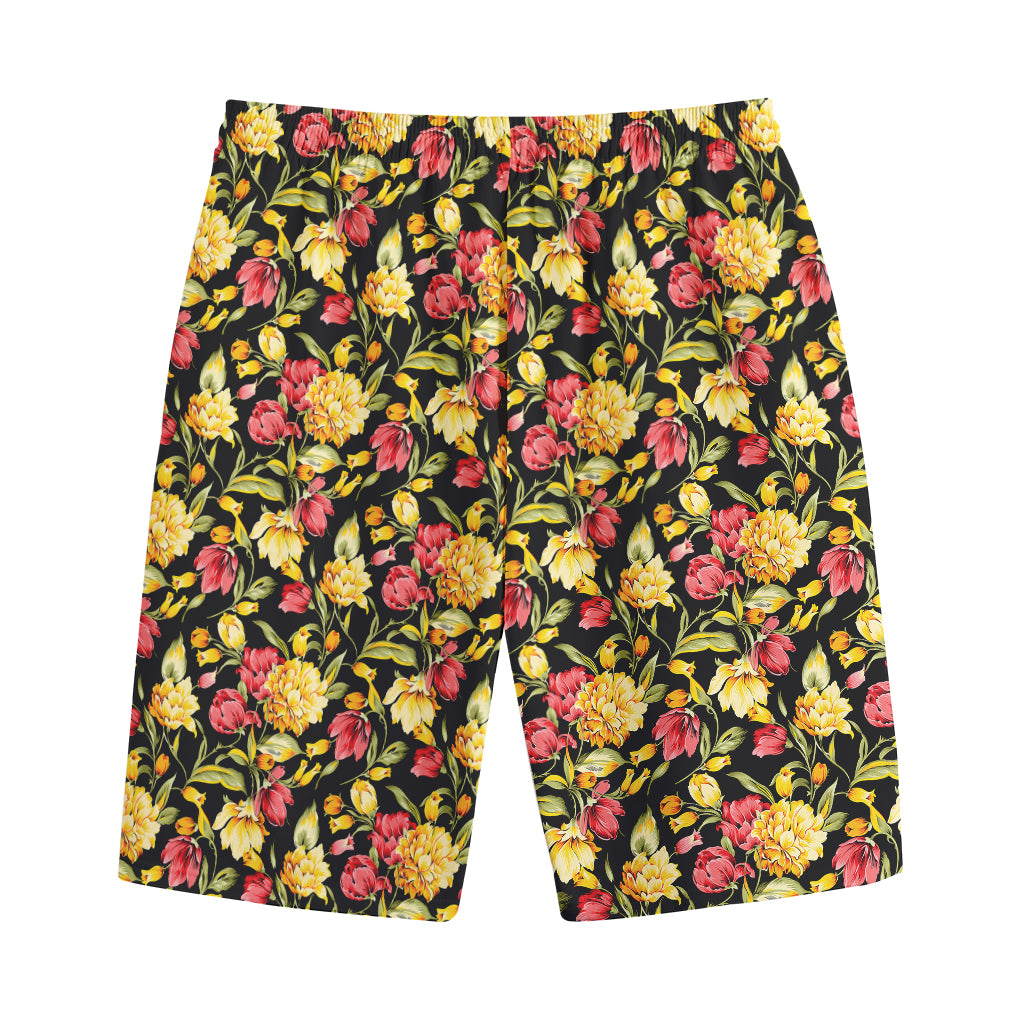 Red And Yellow Flowers Print Cotton Shorts
