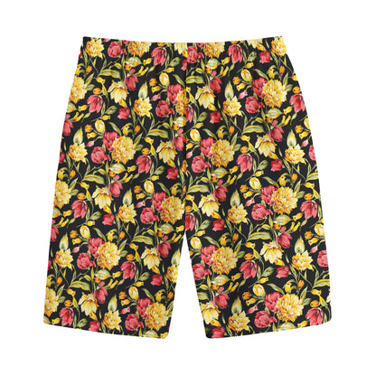 Red And Yellow Flowers Print Cotton Shorts