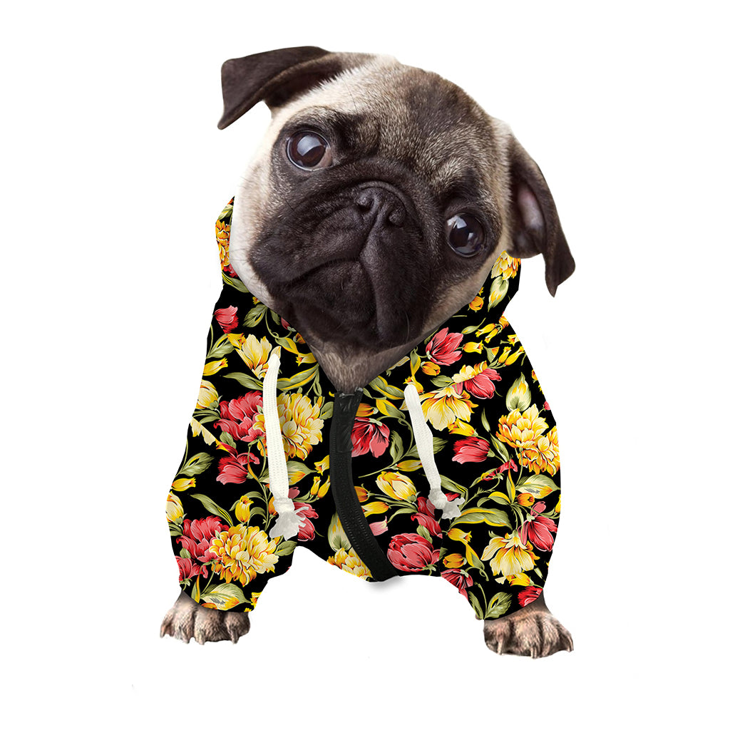 Red And Yellow Flowers Print Dog Zip Up Hoodie