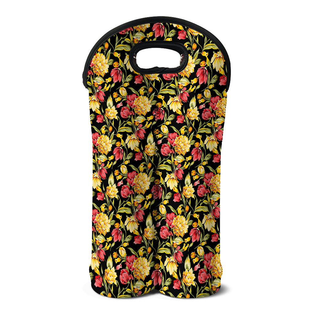 Red And Yellow Flowers Print Double Neoprene Wine Tote