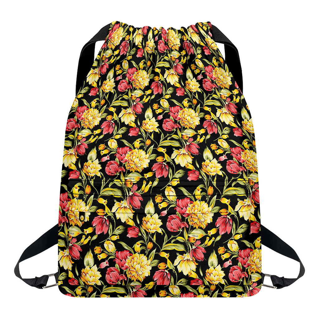 Red And Yellow Flowers Print Drawstring Backpack