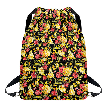 Red And Yellow Flowers Print Drawstring Backpack