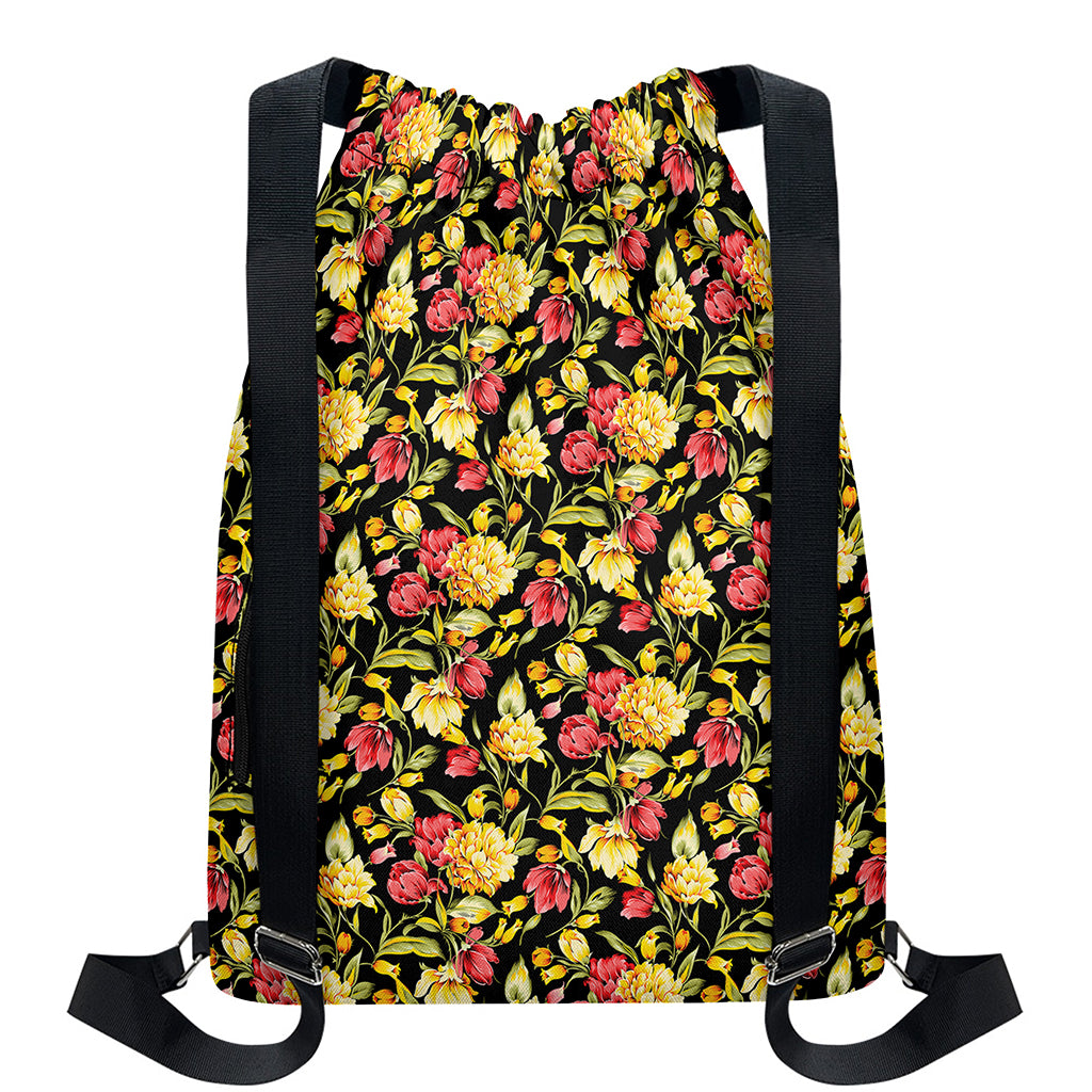 Red And Yellow Flowers Print Drawstring Backpack
