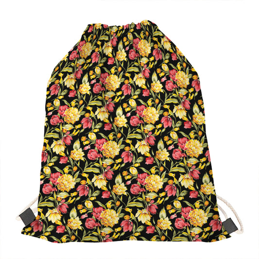 Red And Yellow Flowers Print Drawstring Bag