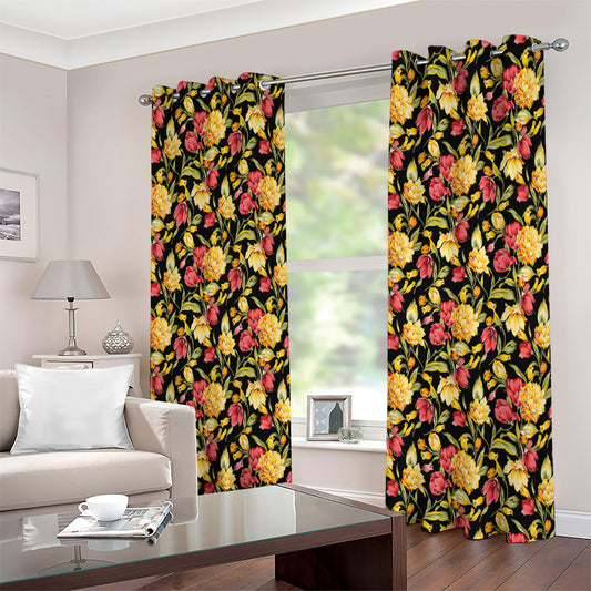 Red And Yellow Flowers Print Extra Wide Grommet Curtains