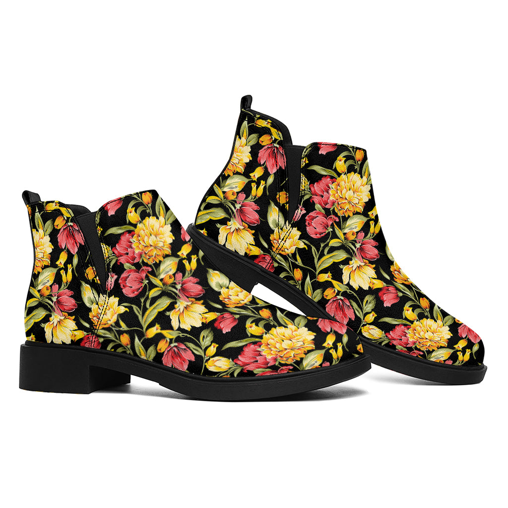 Red And Yellow Flowers Print Flat Ankle Boots