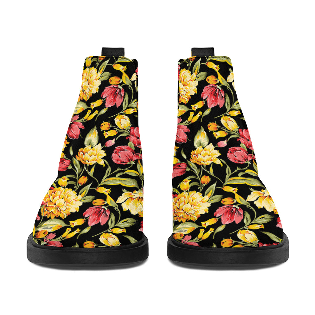 Red And Yellow Flowers Print Flat Ankle Boots