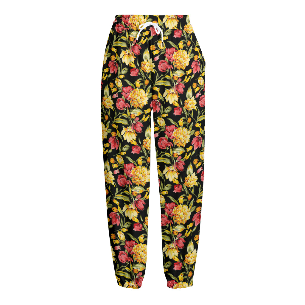 Red And Yellow Flowers Print Fleece Lined Knit Pants
