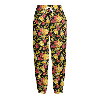 Red And Yellow Flowers Print Fleece Lined Knit Pants