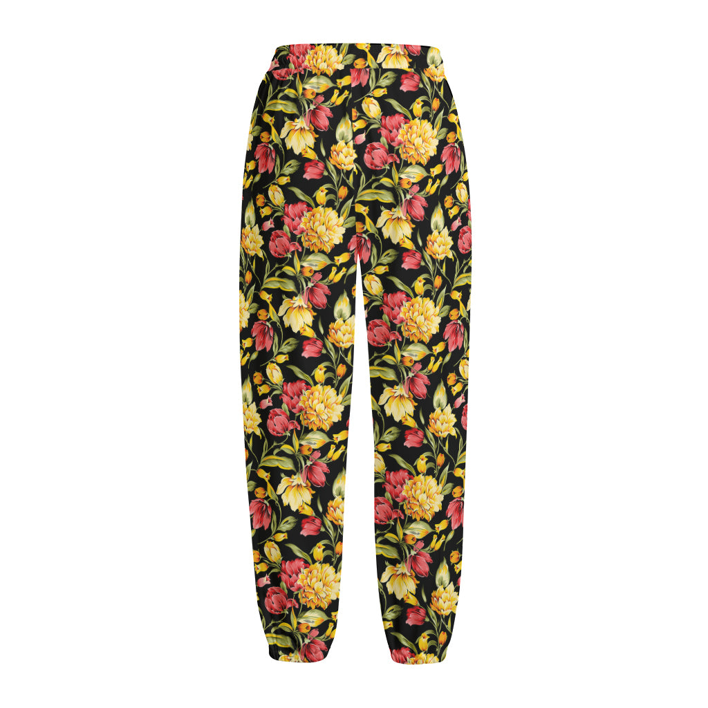 Red And Yellow Flowers Print Fleece Lined Knit Pants