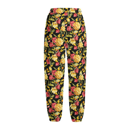 Red And Yellow Flowers Print Fleece Lined Knit Pants