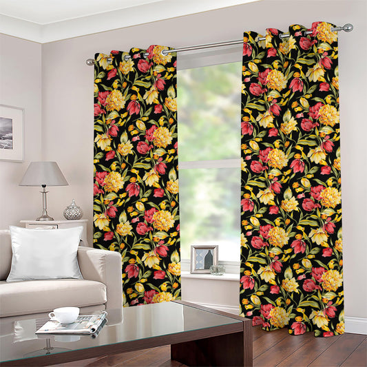 Red And Yellow Flowers Print Grommet Curtains