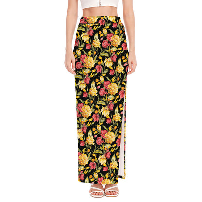 Red And Yellow Flowers Print High Slit Maxi Skirt