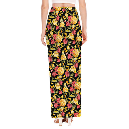 Red And Yellow Flowers Print High Slit Maxi Skirt