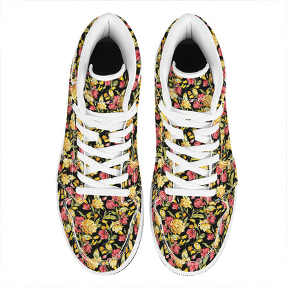 Red And Yellow Flowers Print High Top Leather Sneakers