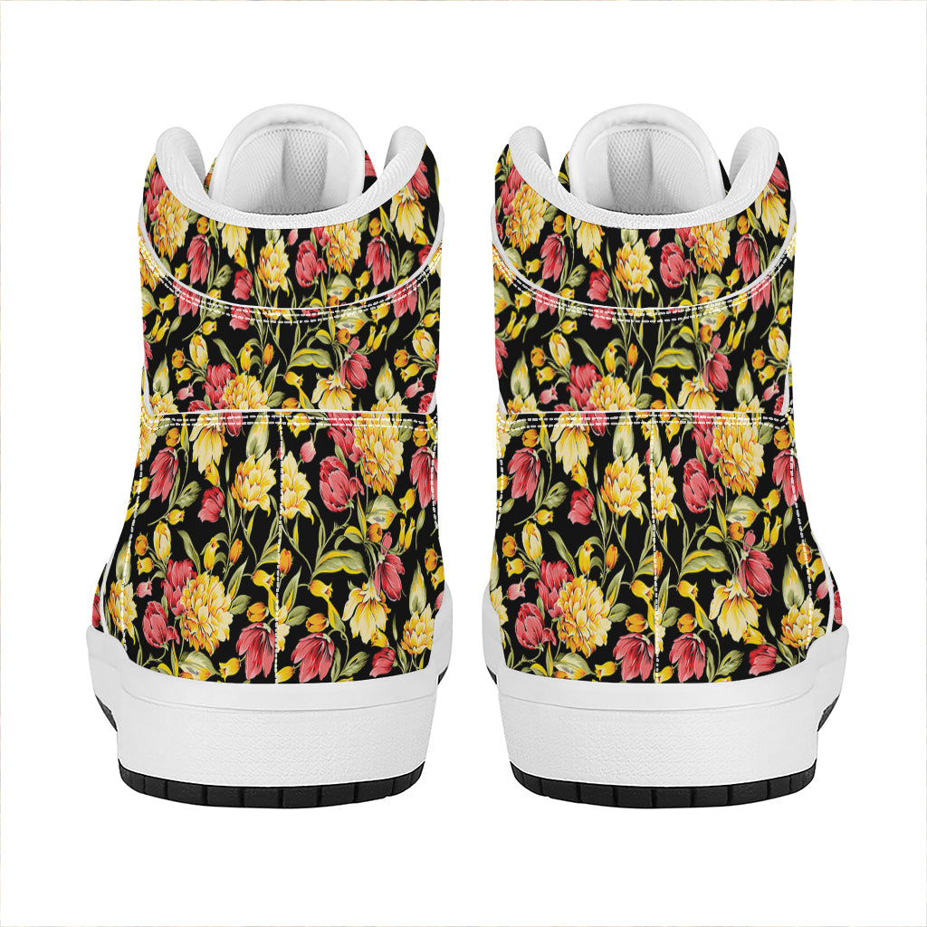 Red And Yellow Flowers Print High Top Leather Sneakers