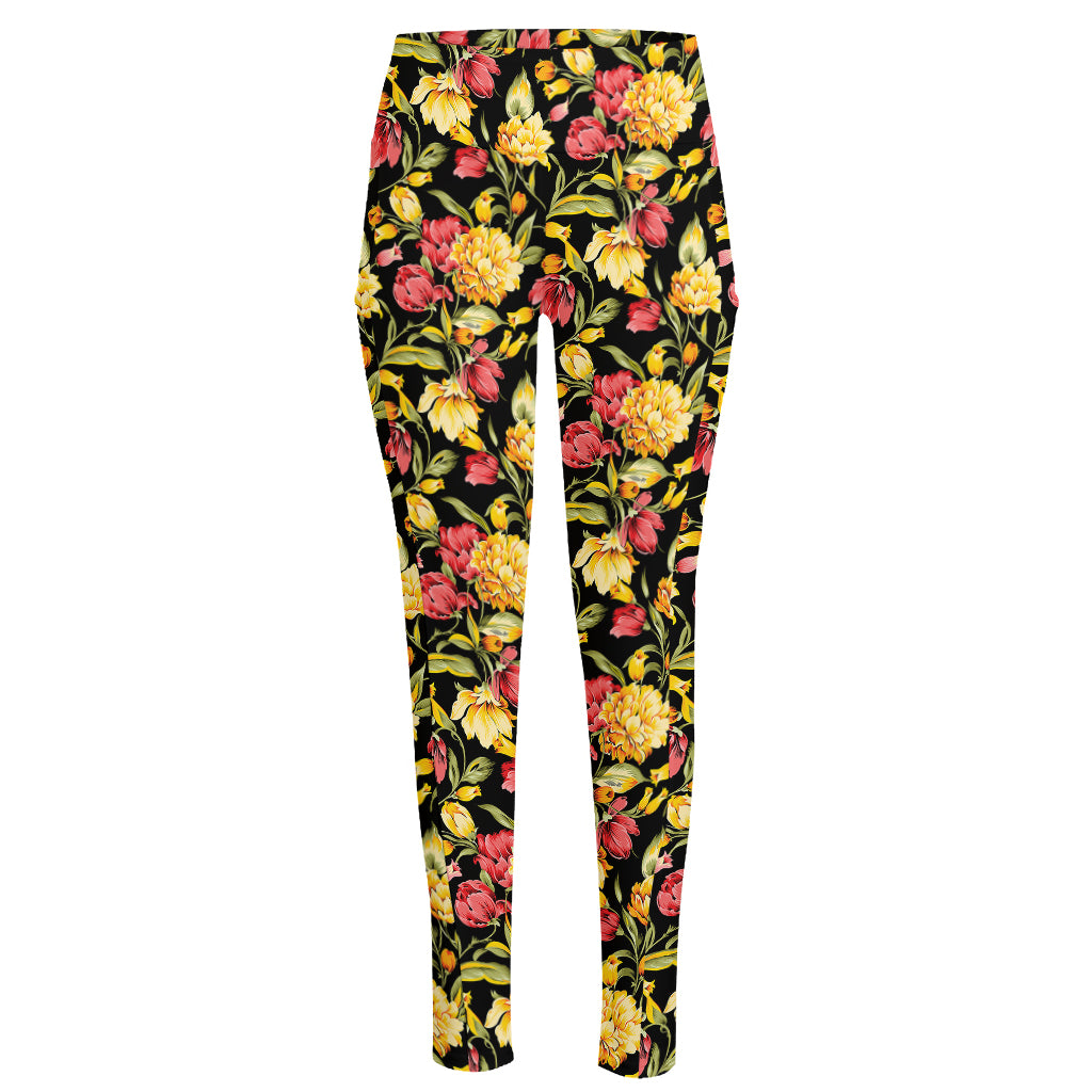 Red And Yellow Flowers Print High-Waisted Pocket Leggings