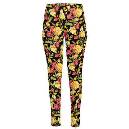 Red And Yellow Flowers Print High-Waisted Pocket Leggings