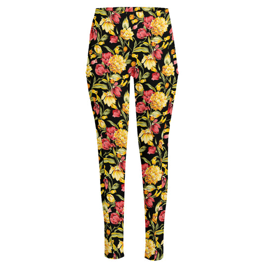 Red And Yellow Flowers Print High-Waisted Pocket Leggings