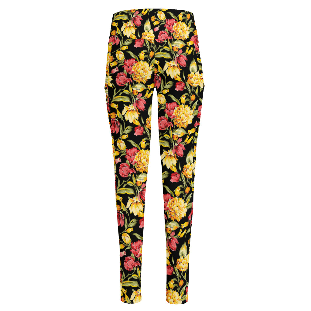 Red And Yellow Flowers Print High-Waisted Pocket Leggings