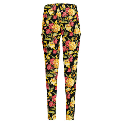 Red And Yellow Flowers Print High-Waisted Pocket Leggings