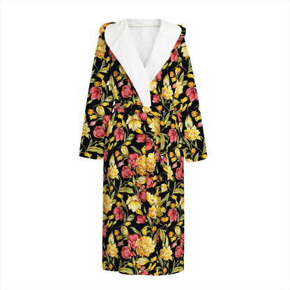Red And Yellow Flowers Print Hooded Bathrobe