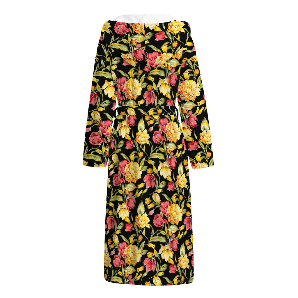 Red And Yellow Flowers Print Hooded Bathrobe