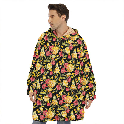 Red And Yellow Flowers Print Hoodie Blanket