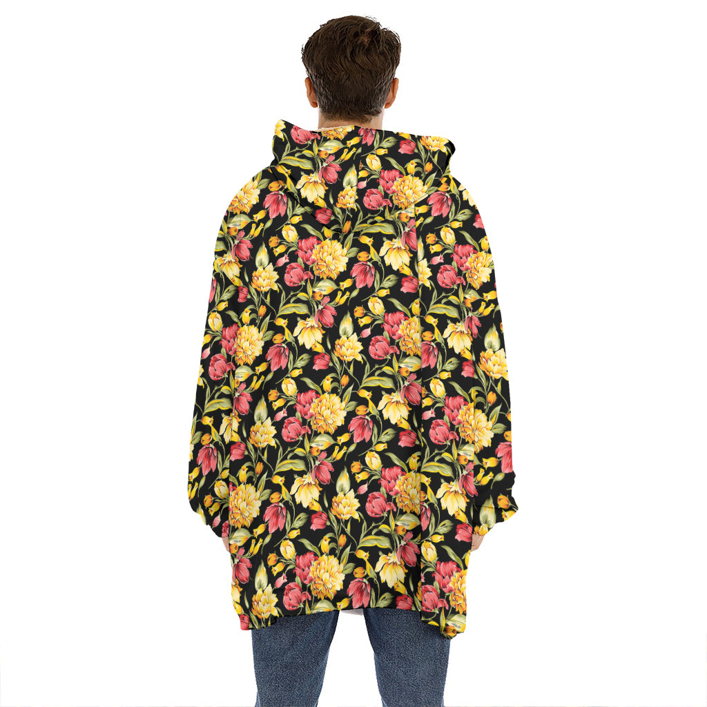Red And Yellow Flowers Print Hoodie Blanket