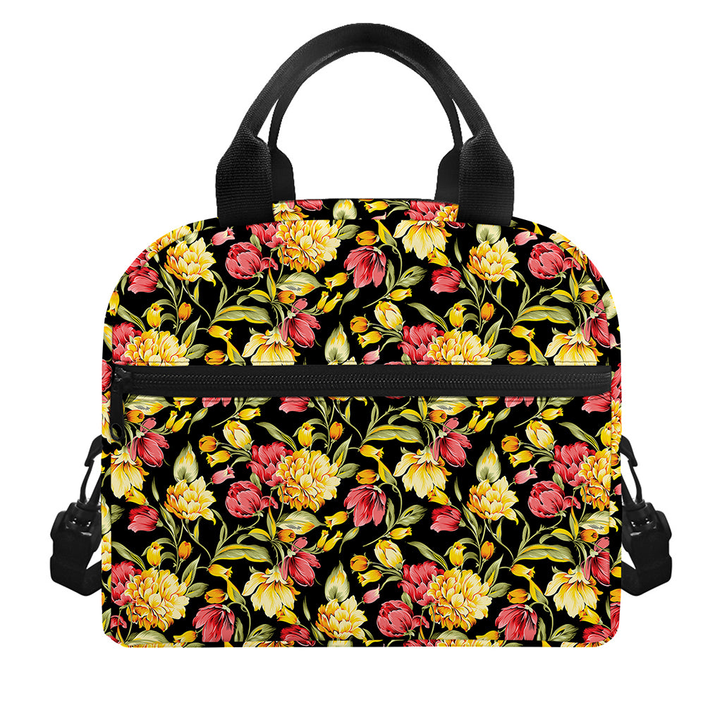 Red And Yellow Flowers Print Insulated Lunch Bag