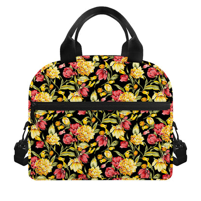 Red And Yellow Flowers Print Insulated Lunch Bag