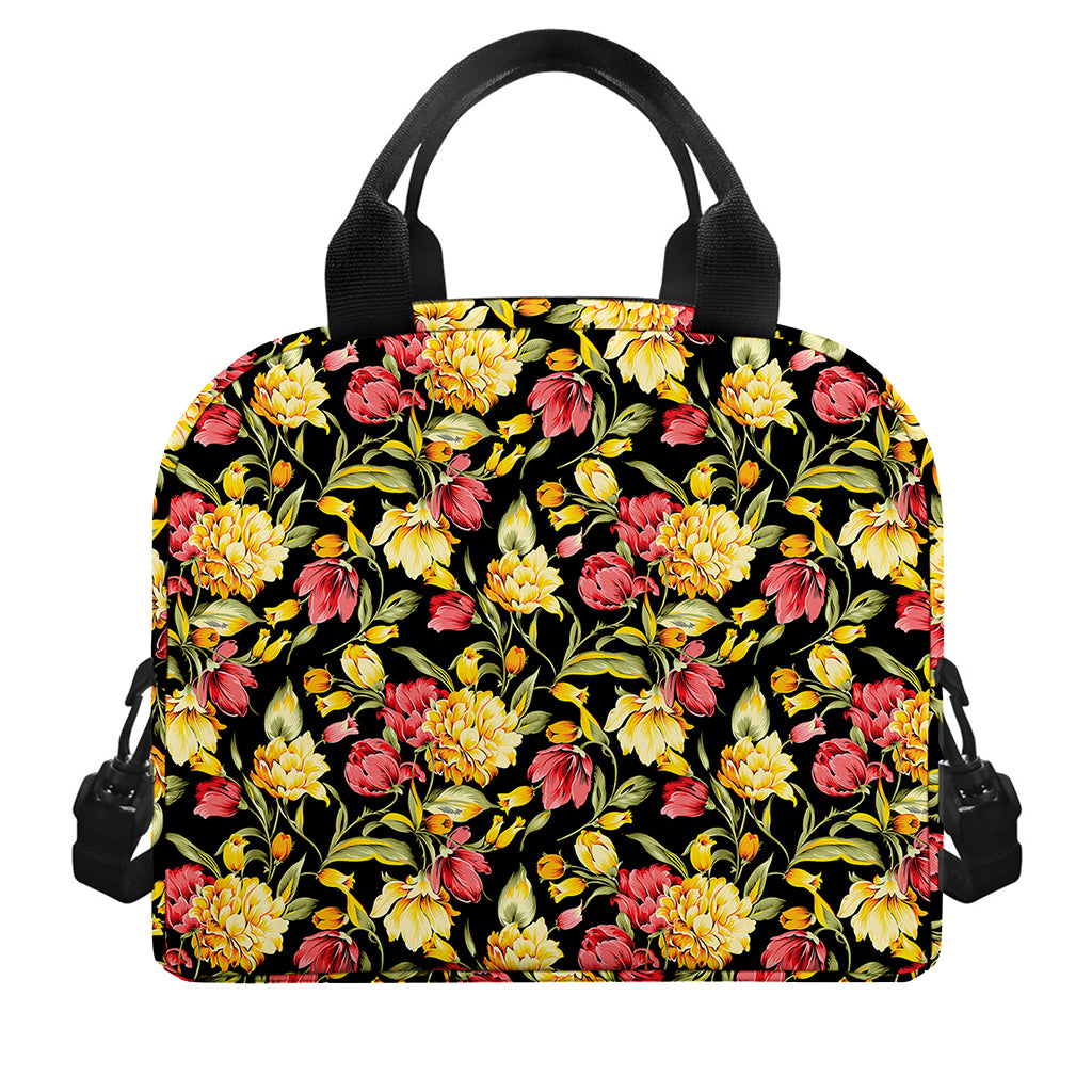 Red And Yellow Flowers Print Insulated Lunch Bag