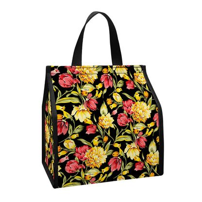 Red And Yellow Flowers Print Insulated Lunch Tote