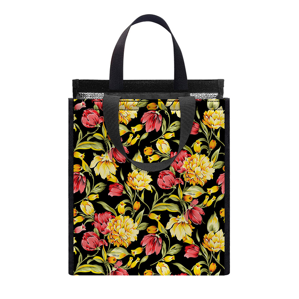 Red And Yellow Flowers Print Insulated Lunch Tote