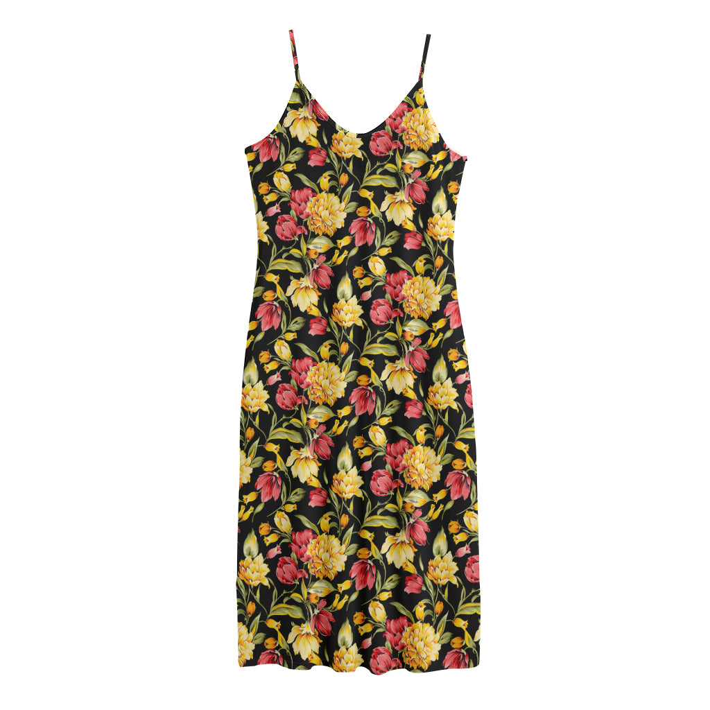Red And Yellow Flowers Print Jersey Midi Cami Dress