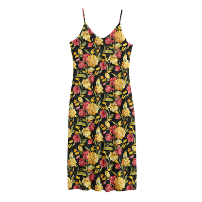 Red And Yellow Flowers Print Jersey Midi Cami Dress