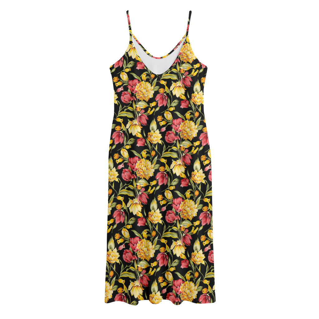 Red And Yellow Flowers Print Jersey Midi Cami Dress