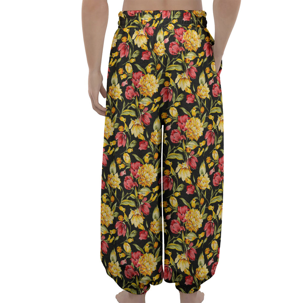 Red And Yellow Flowers Print Lantern Pants