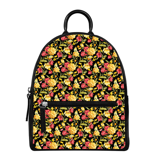 Red And Yellow Flowers Print Leather Backpack