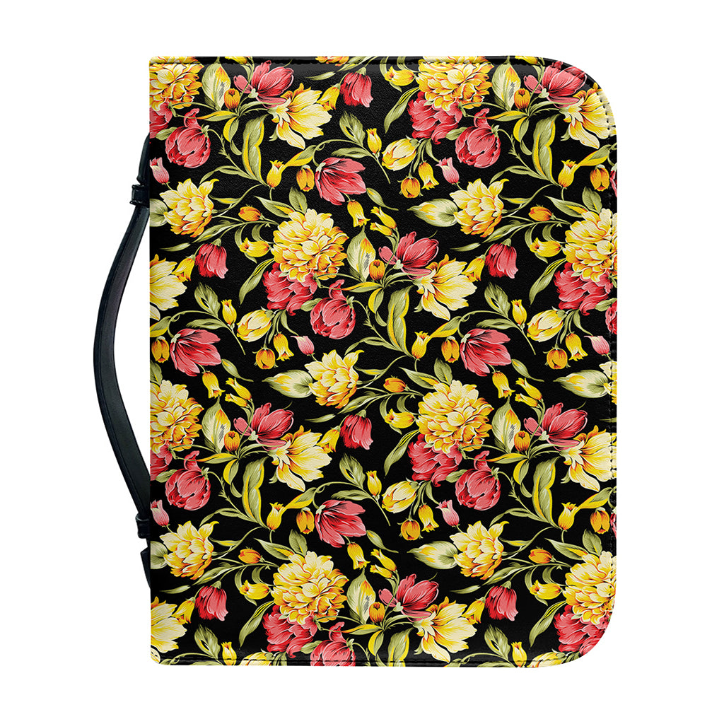 Red And Yellow Flowers Print Leather Bible Cover