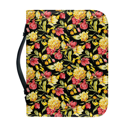 Red And Yellow Flowers Print Leather Bible Cover