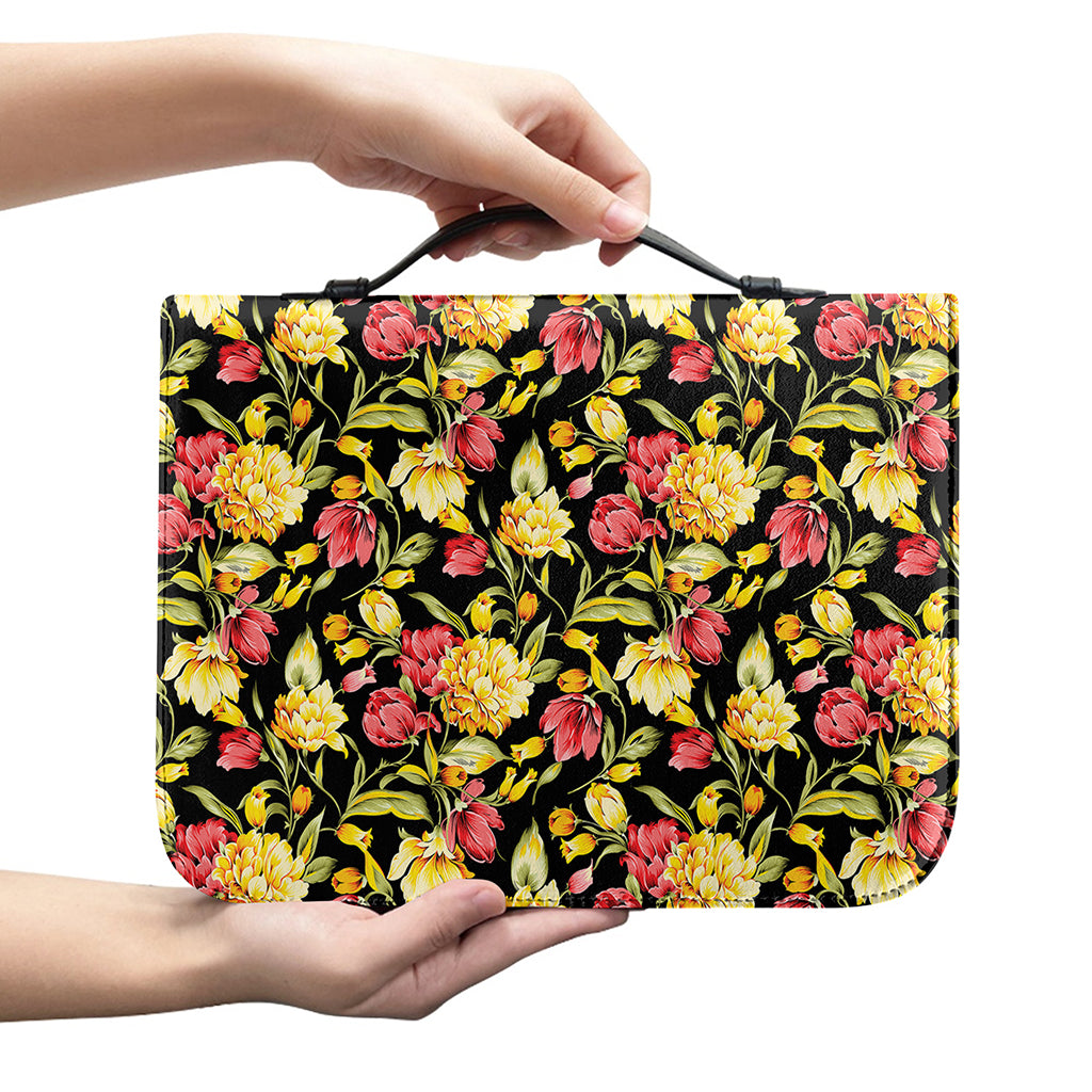 Red And Yellow Flowers Print Leather Bible Cover