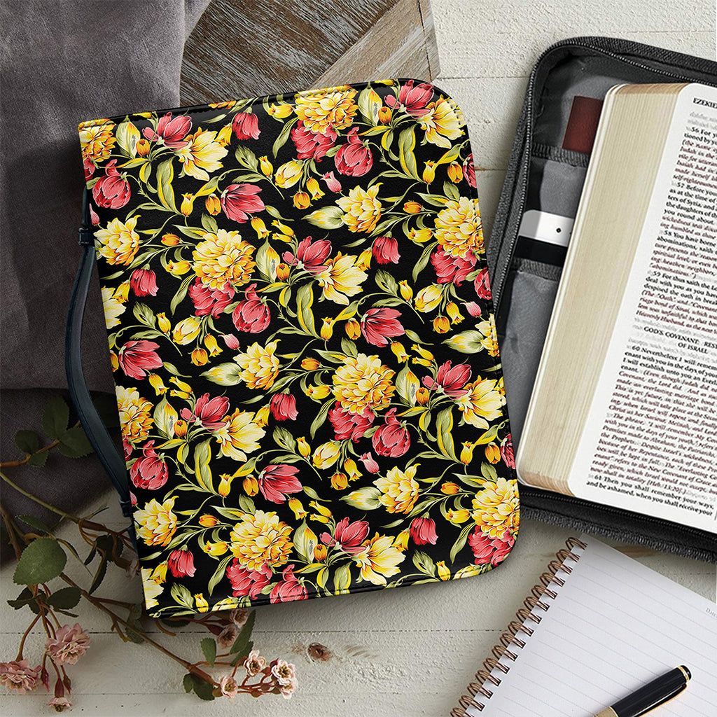 Red And Yellow Flowers Print Leather Bible Cover