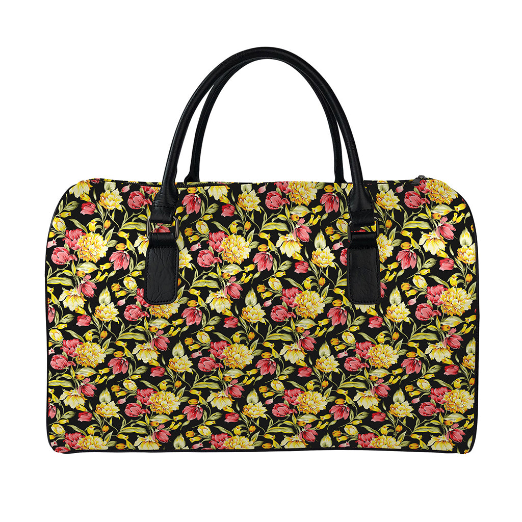 Red And Yellow Flowers Print Leather Duffle Bag